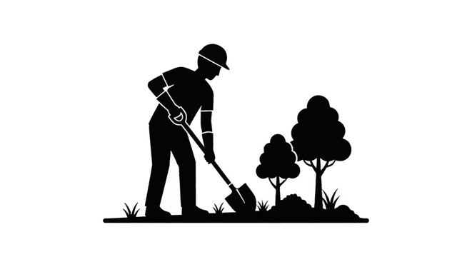 Black silhouette vector illustration of a person wearing a hard hat digging with a shovel to plant young trees and saplings, representing environmental conservation and manual labor.