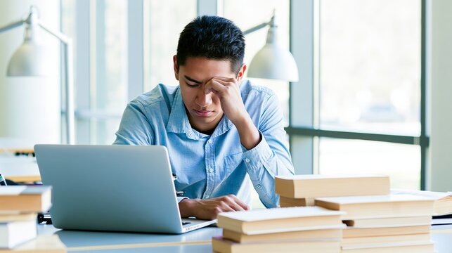 Young student studying with laptop in bright modern library, books around, focused expression, natural window light