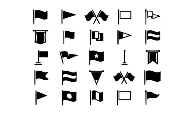 Black and white flag icon set with waving pennant and banner symbols isolated on white background