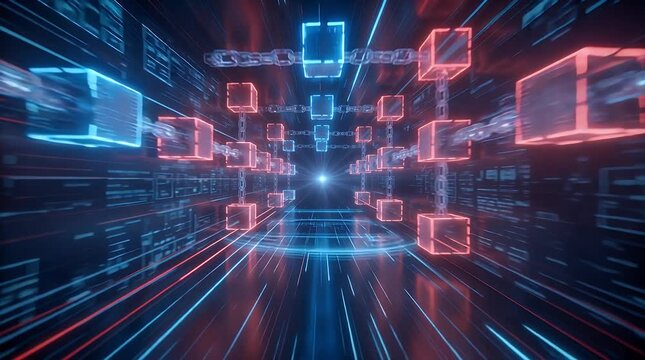 Abstract digital network with glowing blue and red cubes and data lines in a futuristic tunnel.