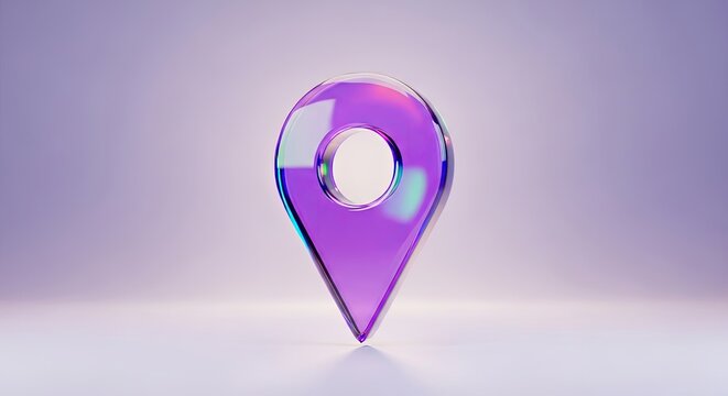Glossy purple glass location pin icon on purple background