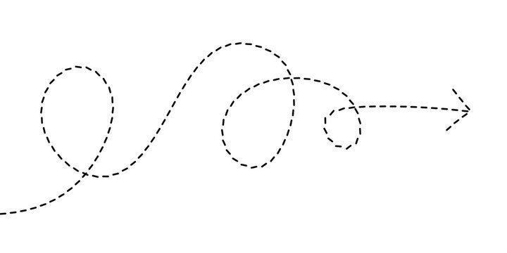 A dashed line arrow curving in a playful, meandering path across a white background, suggesting direction and movement
