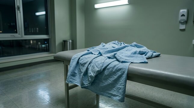 Hospital gown lies discarded on a sterile examination table inside a dimly lit medical facility with cool green walls and harsh overhead fluorescent lighting.