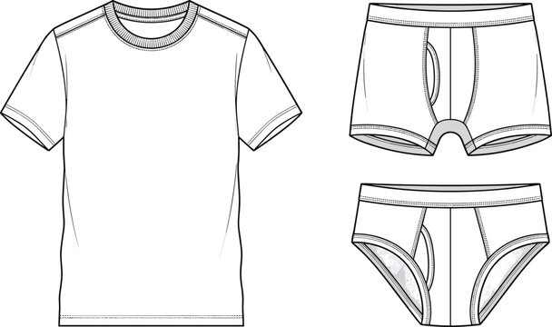 Men Undergarment Clothing Template Set with T Shirt Boxer Briefs and Underwear Vector Illustration