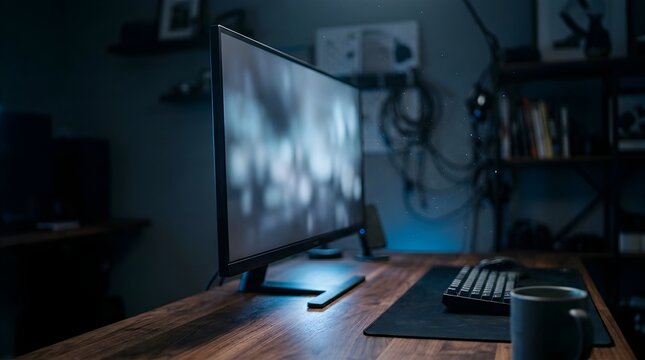 Computer monitor glows on a dark wooden desk in a quiet home office with a blurred background showing soft bokeh lights and a coffee mug nearby.