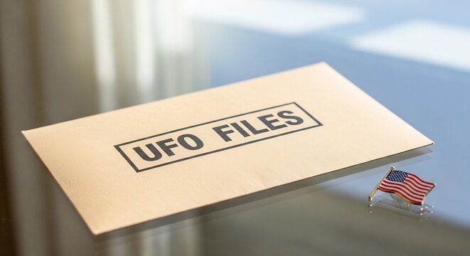 UFO Files Stamped Envelope on Desk Next to Small American Flag Pin