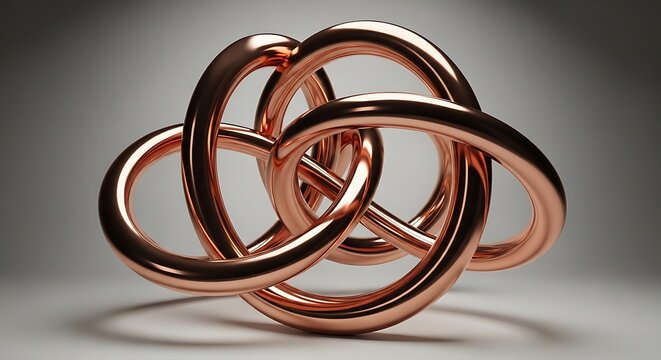 Modern abstract 3d geometric interlocking copper knot ring structures