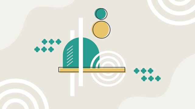 Seamless loop animation of an abstract background featuring green and orange Bauhaus style geometric objects moving against each other on a solid beige backdrop layout