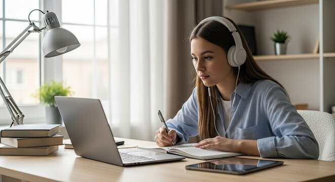 Young woman studying with laptop and headphones at home desk