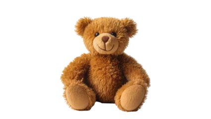 Fotobehang Beer Isolated fluffy brown teddy bear toy sitting and smiling, symbol of childhood and comfort  © Aoife