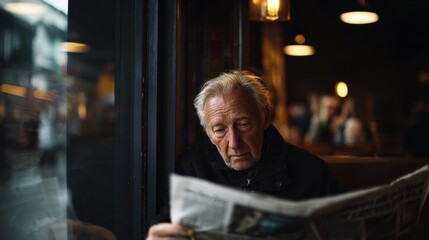 Obraz premium An elderly man reading a newspaper in a café