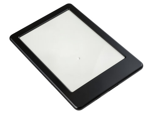 Isolated sleek black digital e-book reader with empty screen ready for content
