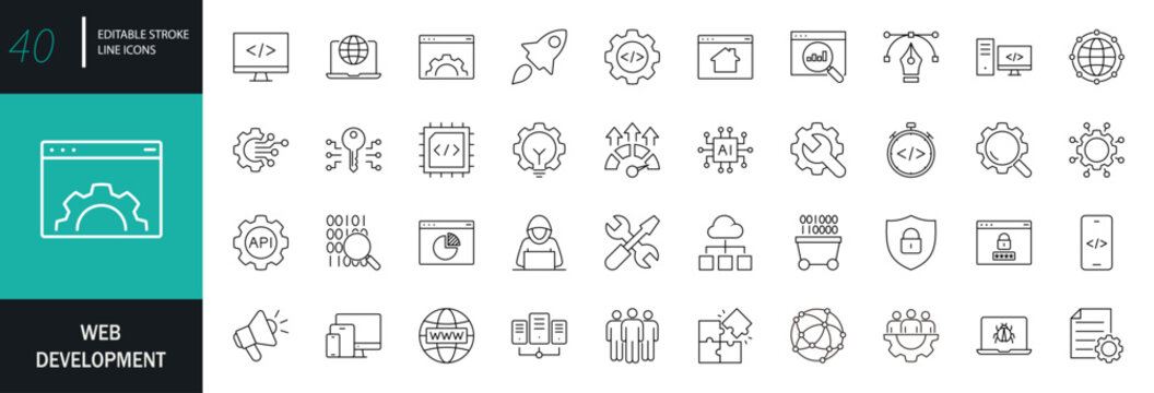 Web development icon set. Containing code, API, programmer coding, app, flow, web coder, bug fix, software, and more. Editable line icons. Vector illustration.