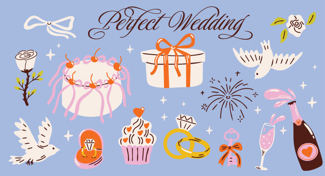 Perfect Wedding Celebration vector sticker elements set with cartoon funky groovy illustration of cake, dove, champagne, flowers, rings and party elements