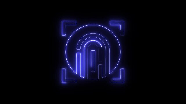 Neon blue logo with a circle and arch on a black background