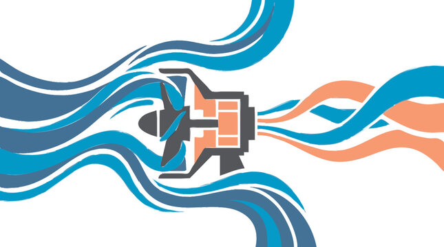 Dynamic vector illustration of a turbine engine processing fluid, showcasing cool blue input and warm orange output streams, symbolizing energy conversion and industrial technology