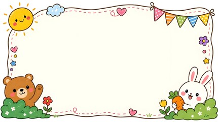 Fototapeta premium Cute Cartoon Animal Frame with Happy Bear and Rabbit for Kids Design