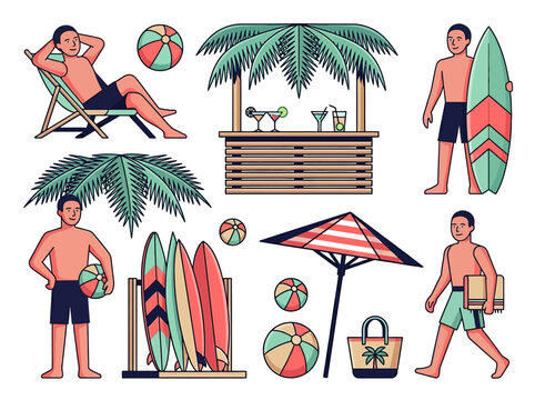 Tropical Summer Beach Vacation Vector Set with Surfers, Tiki Bar, Palm Trees, and Leisure Accessories for Travel Design