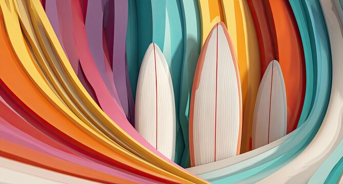 Colorful graphic render of three surfboards nestled within vibrant, curving layers