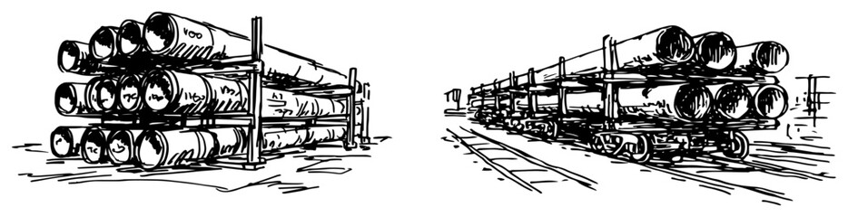Transport of industrial pipes on railway wagon and storage rack sketch illustration © AdrianGebert