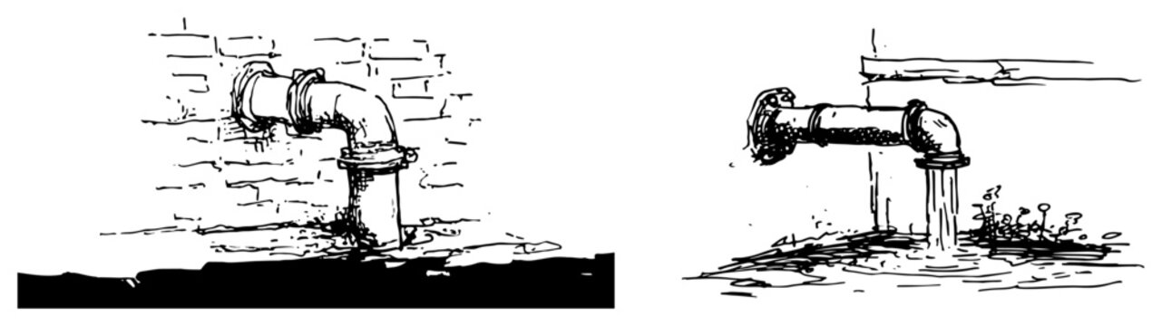 Industrial water pipe draining from brick wall hand drawn sketch style