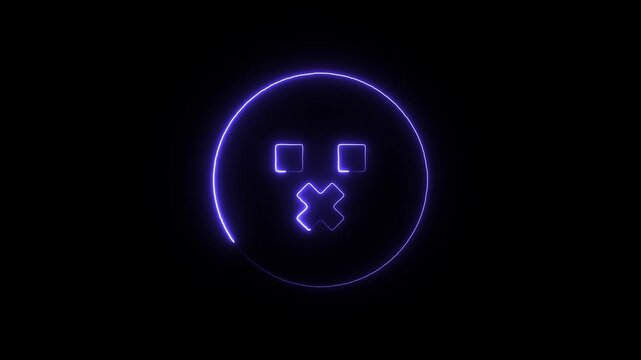 A neon blue emoticon face with a broken mouth on a black background