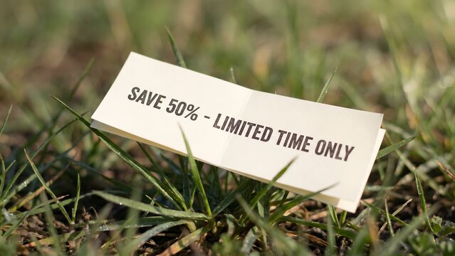 SAVE 50% - LIMITED TIME ONLY discount note placed on green grass outdoors