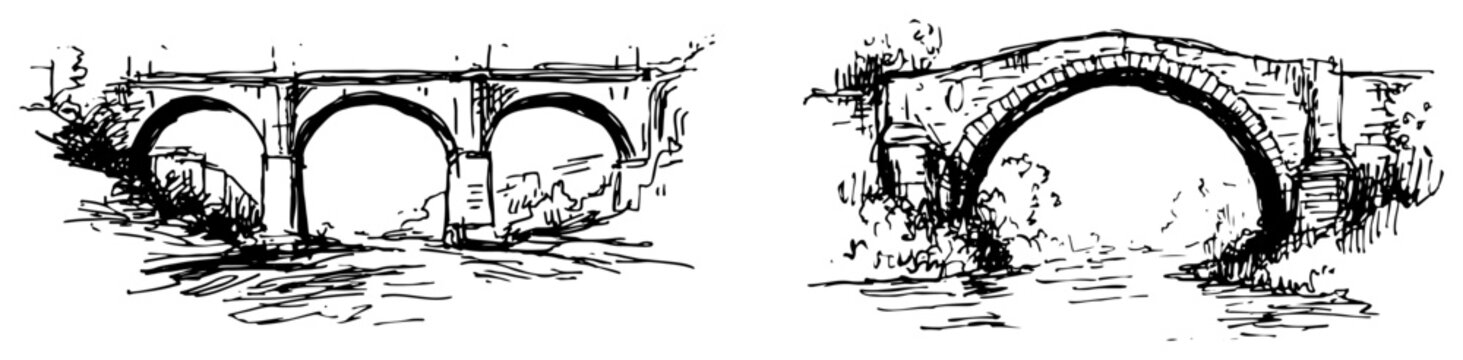 Stone arch bridges crossing a river in hand drawn ink sketch style
