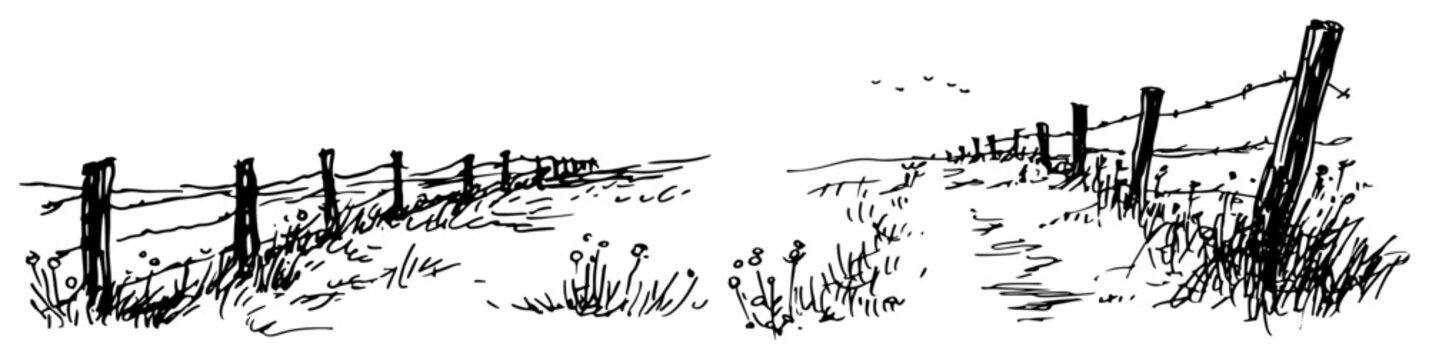 Rural landscape with wooden fence and barbed wire in hand drawn sketch style