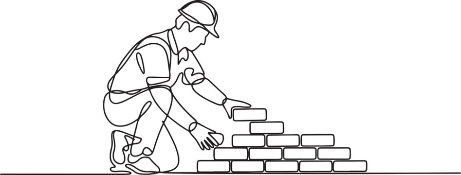 Bricklaying, building, building walls, worker in uniform lays bricks one line art. Continuous line drawing of repair, professional.one line Art icon drawing vector