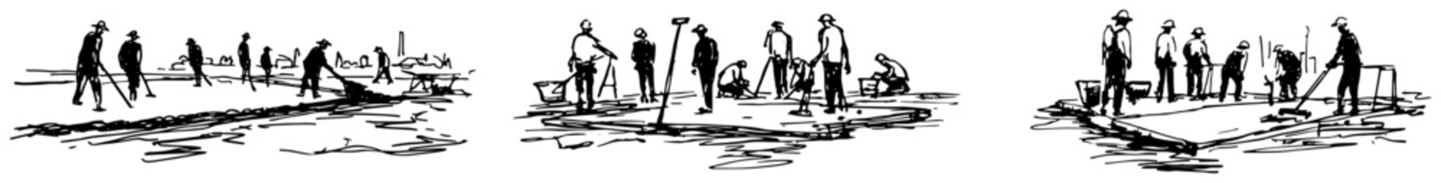 Construction workers performing groundwork and paving in hand drawn silhouette sketch style