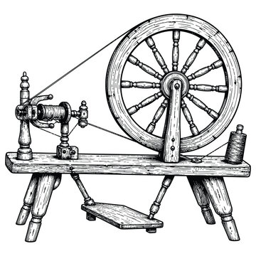 Vintage antique spinning wheel illustration in woodcut or engraving style