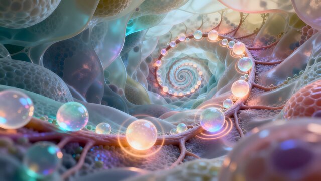 Spiral pattern with glowing spheres