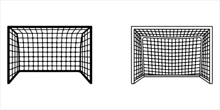 Soccer goal post silhouette set with net perspective isolated on gray background, black sports equipment vector illustration collection for football design, training, tournament and game graphics