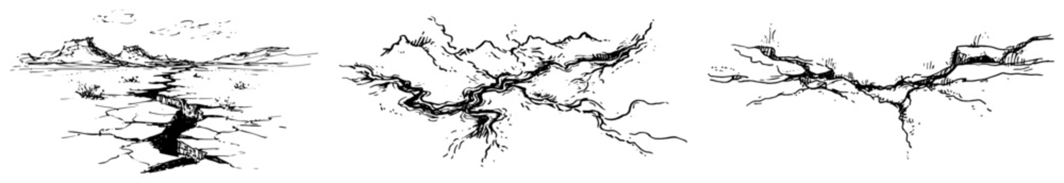 Ground cracks and earth fissures showing soil damage or earthquake in hand drawn sketch style