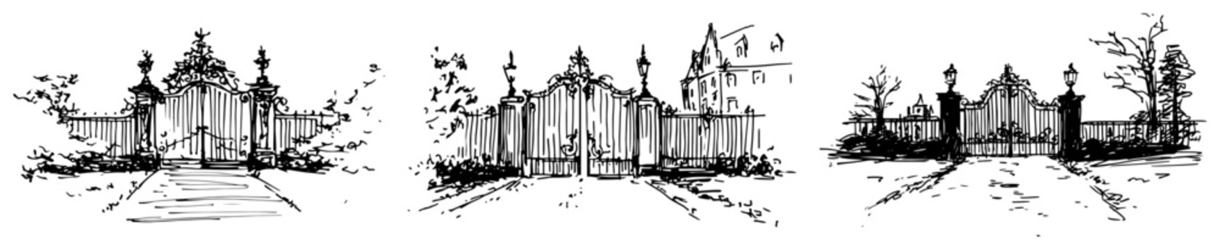 Ornate iron gates for estate or park entrance black ink sketch style