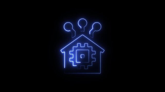 Neon blue house with gear and lightbulbs on black background