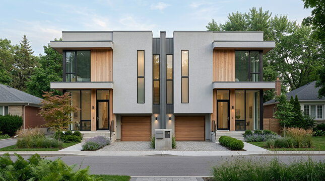 Modern duplex home design with greenery and urban setting
