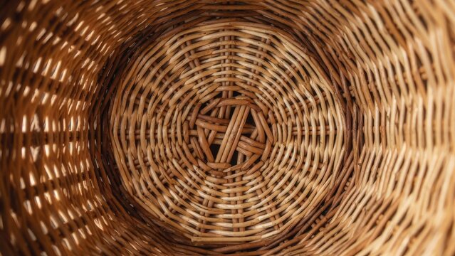 Handwoven rattan spiral texture close-up with natural light and organic pattern for home decor and design