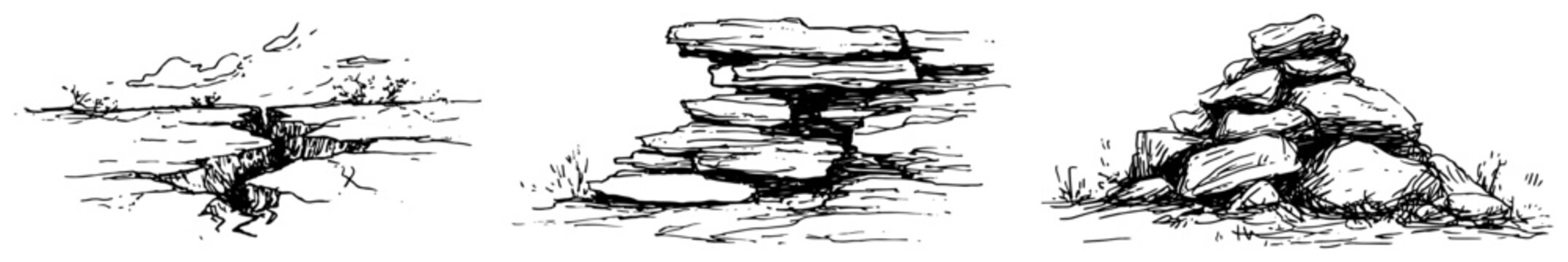 Natural rock formations and ground cracks set hand drawn sketch style