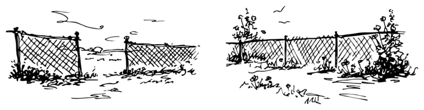 Chain link wire mesh fence in open field in hand drawn sketch style