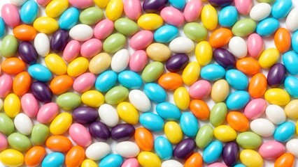 Fototapeta premium Colorful jelly beans pile close-up vibrant mix sweet candy texture background food celebration dessert