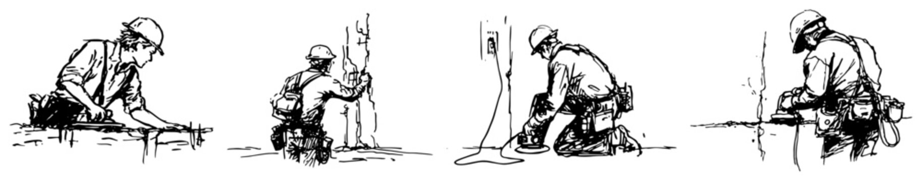 Construction workers performing various maintenance and repair tasks hand drawn sketch style
