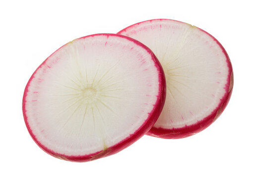 Two fresh slices of red radish vegetable isolated on a plain white background, for food