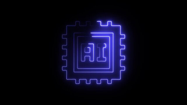 Neon blue ai chip icon on black background with futuristic design