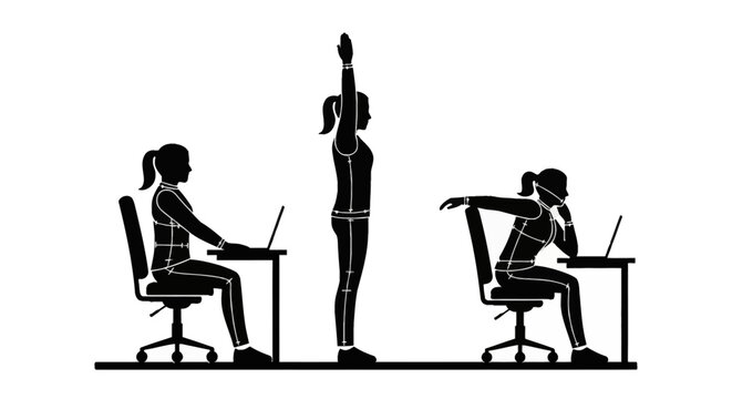 Vector silhouette illustration of a woman demonstrating correct sitting posture at a desk, standing and stretching, and slouching with poor posture while working on a laptop computer.