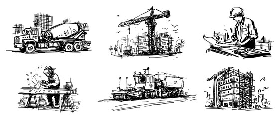 Construction site equipment and workers collection set black ink sketch style © AdrianGebert