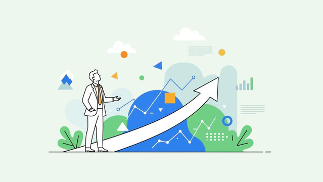 Businessman looking at upward trending graph with arrow, symbolizing growth and success