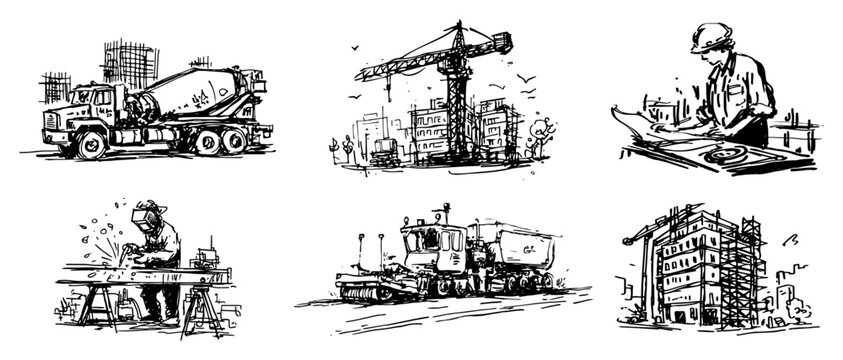 Construction site equipment and workers collection set black ink sketch style