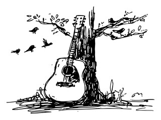 Acoustic guitar leaning against tree trunk with birds flying hand drawn ink sketch © AdrianGebert